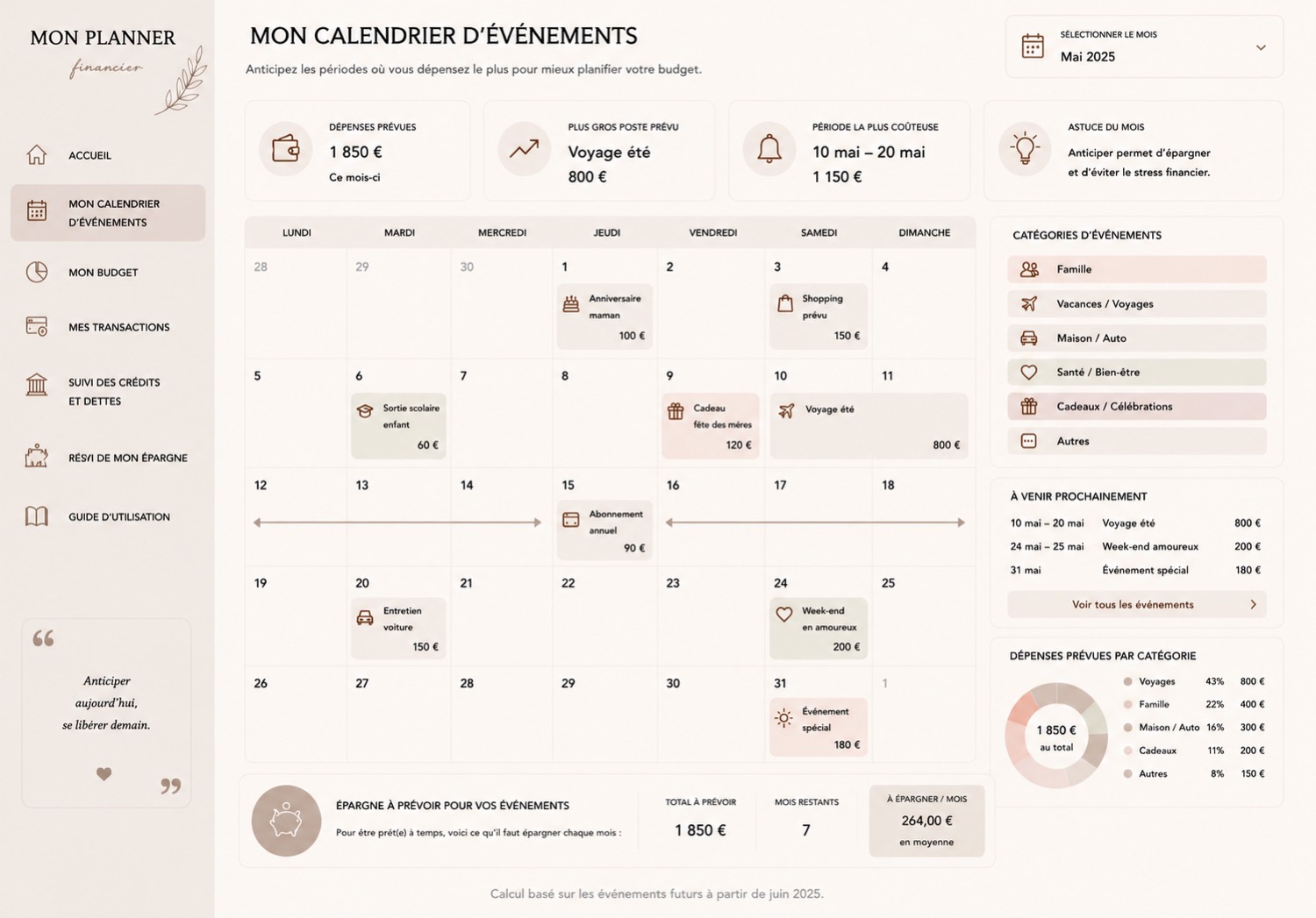 Onglet Mon calendrier d'événements